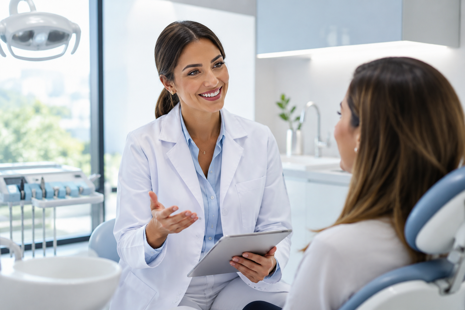 Dentista conversando com paciente em clínica odontológica moderna