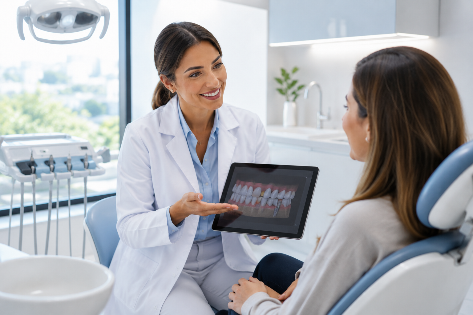 Dentista apresentando planejamento odontológico digital ao paciente