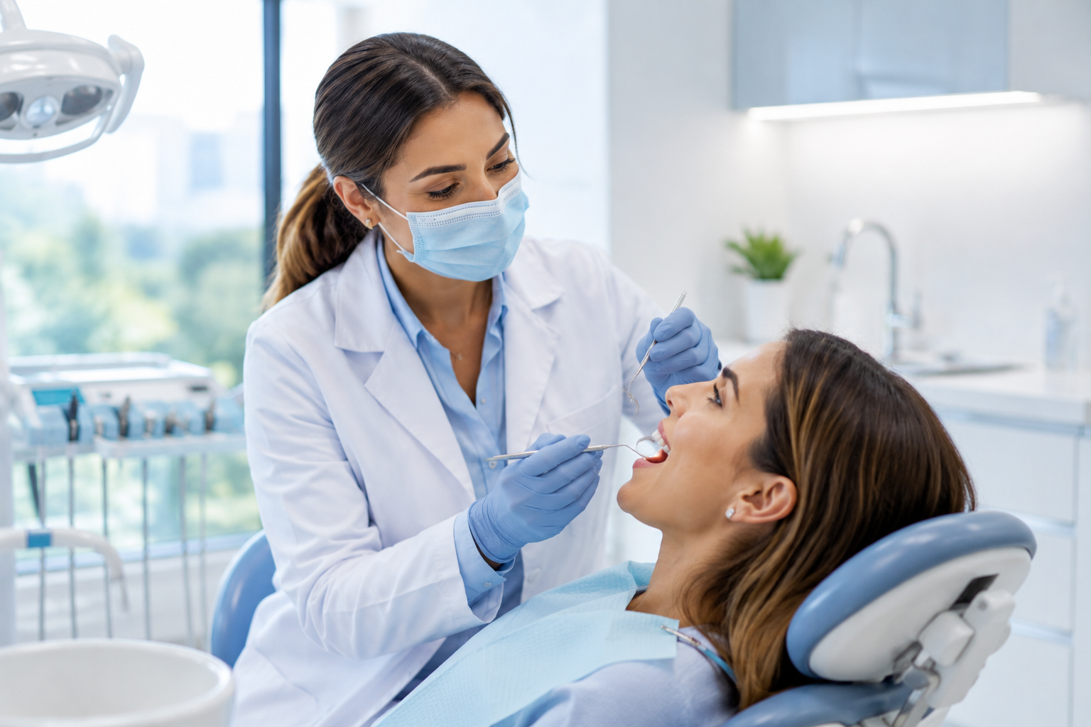 Avaliação odontológica tranquila em consultório moderno